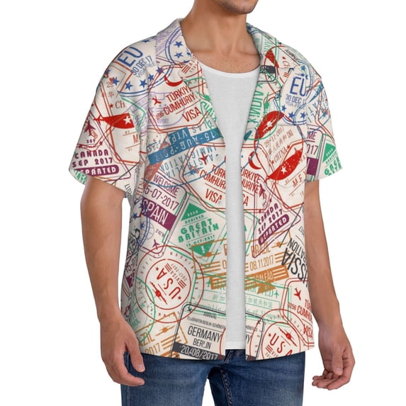 Lsque Passport Stamp print Men's Cuban Collar Short Sleeve Shirt Summer Beachwear Casual Button Down Fashionable Vacation Leisure Shirt-X-Large