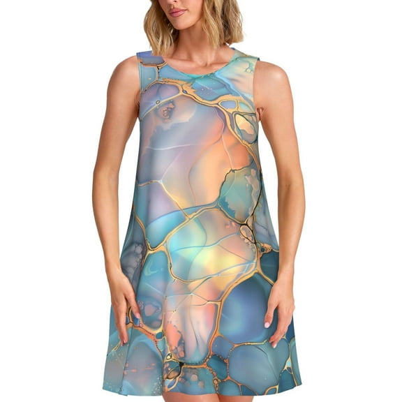 Lsque Pastel Abstract Fluid Art Pattern Summer Dresses for Women – Sleeveless T-Shirt Swing Sundress, Perfect for the Beach and Casual Days