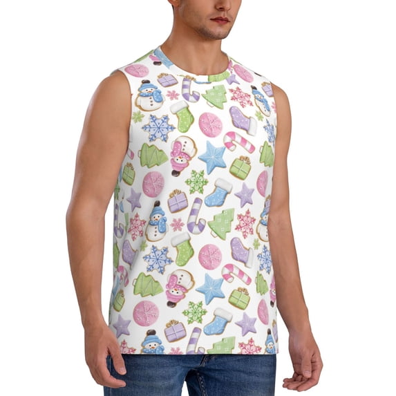 Lsque Pastel Christmas Cookies Print Men's Cotton Blend Sleeveless Muscle Shirts (S-3XL)- Moisture Wicking, Odor Protection, UPF 30+,Medium