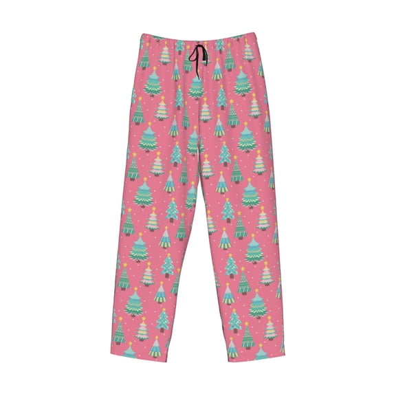 Lsque Pastel Christmas Trees on Pink Print Men's Pajama Pants, Lounge Pant - Comfortable Home Wear,Elastic Waistband, Stylish Design-Small