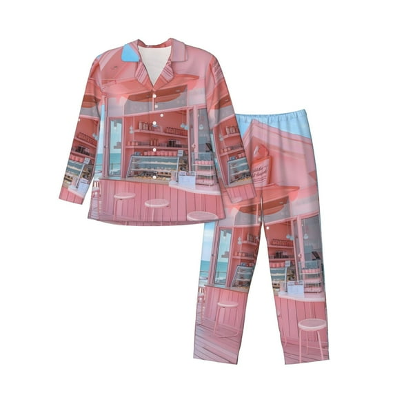 Lsque Pastel Pink Beach Cafe Pattern Long Sleeve Pajama Set for Men - Soft 2-Piece Sleepwear and Loungewear Set with Pockets, Comfy Nightwear-Large