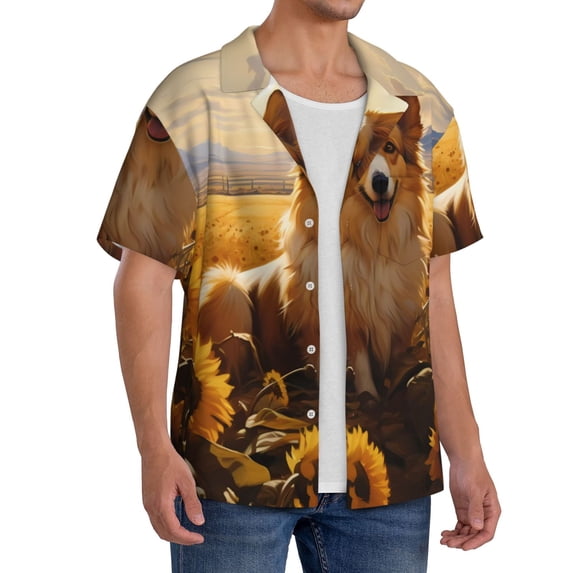 Lsque Pastoral Sunflower Corgi print Men's Cuban Collar Short Sleeve Shirt Summer Beachwear Casual Button Down Fashionable Vacation Leisure Shirt-Large