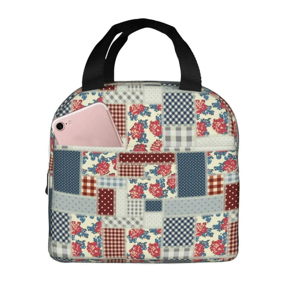 Lsque Patchwork In Country Style Pattern Lunch Bag Women/Men Insulated Lunch Box,Small Leakproof Cooler Food Lunch Containers Reusable High Capacity Lunch Tote Bags