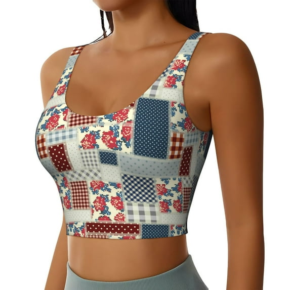 Lsque Patchwork In Country Style Printed Women'S Sports Bra, Compression, Moisture Wicking, High-Impact Sports Bra For Women,Supportive sports bra-