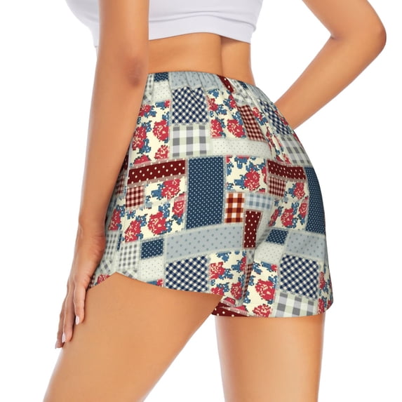 Lsque Patchwork In Country Style Printed Women's Running Shorts with Liner Pockets,Elastic Quick Dry Workout Athletic Gym Yoga Shorts,Womens High Waist Shorts-Small