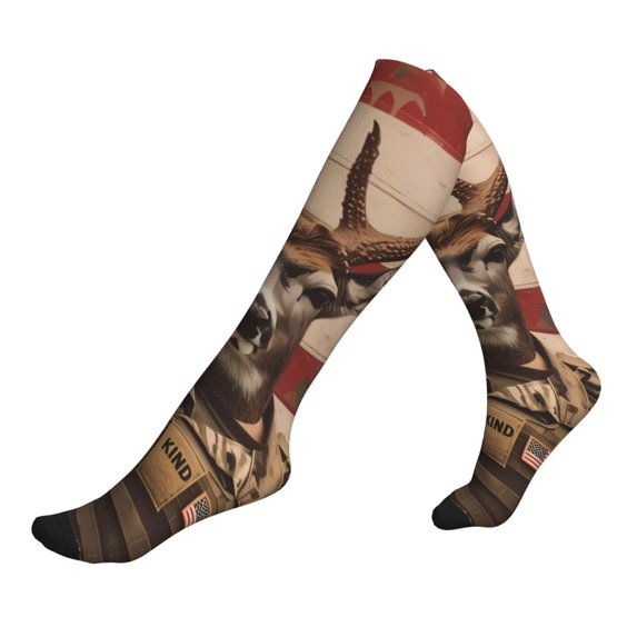 Lsque Patriotic Deer Soldier Salute Pattern Sport Compression Socks for Men & Women 15-20 mmHg Knee High Nurse Pregnant Running Medical and Travel Athletic