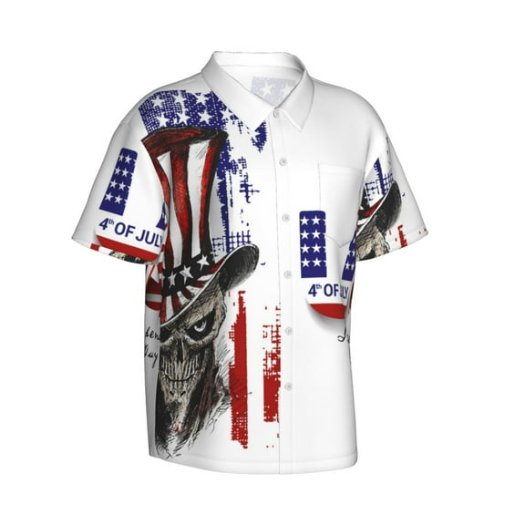 Lsque Patriotic Skull Art pattern Hawaiian Shirt for Men, Unisex Summer Beach Casual Short Sleeve Button Down Shirts-X-Large