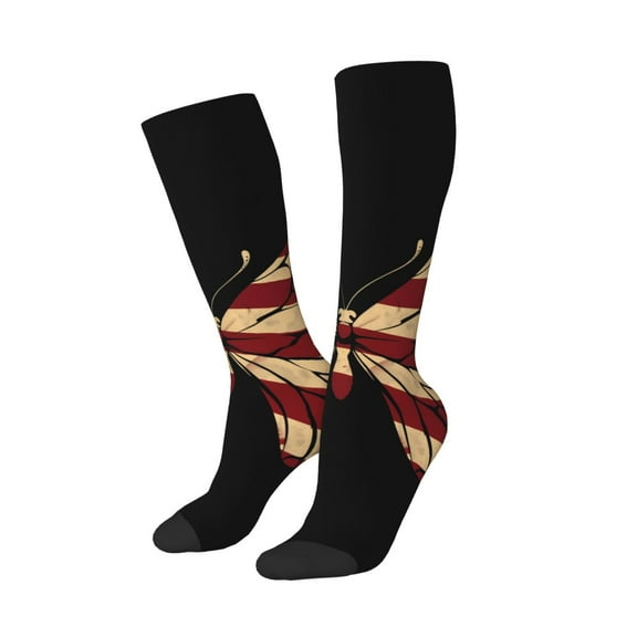 Lsque Patriotic USA Butterfly Art Printed Crew Socks Men's Women's LightWeight Thin Casual Calf Socks ,Knee High Socks,Cotton Socks