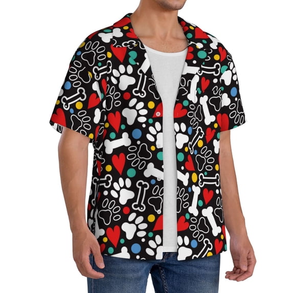 Lsque Paw And Bones print Men's Cuban Collar Short Sleeve Shirt Summer Beachwear Casual Button Down Fashionable Vacation Leisure Shirt-Medium