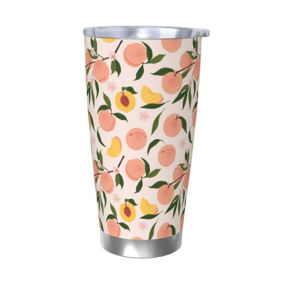 Lsque Peach With Leaves1 Pattern 20oz Car Cup with Lid and Straw, Insulated Coffee Cup with Straw Topper, Spill Proof Travel Coffee Mug, Stainless Steel Tumble-Without Straw