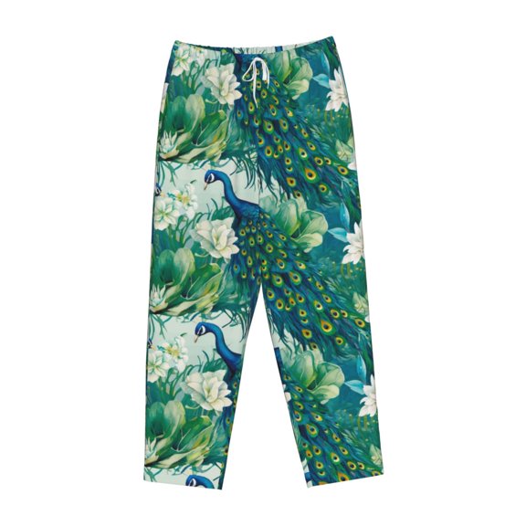 Lsque Peacock And Flowers Print Women's Pajama Pants, Lounge Pant - Comfortable Home Wear,Elastic Waistband, Stylish Design-Small