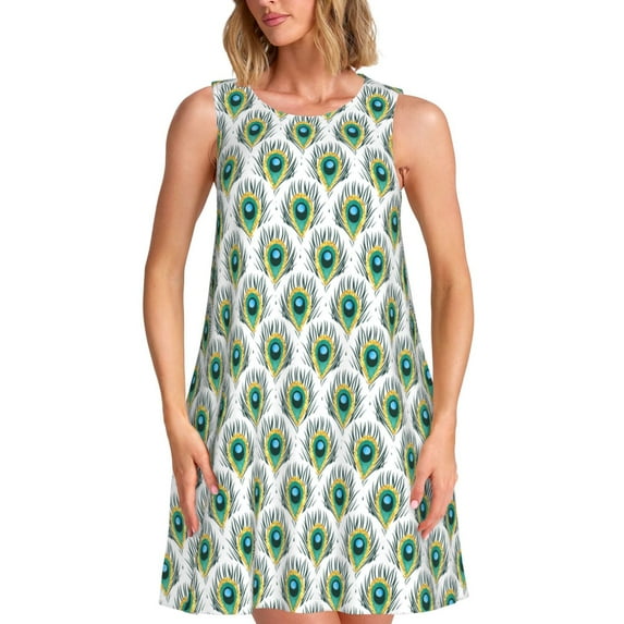 Lsque Peacock Feathers1 Pattern Summer Dresses for Women – Sleeveless T-Shirt Swing Sundress, Perfect for the Beach and Casual Days