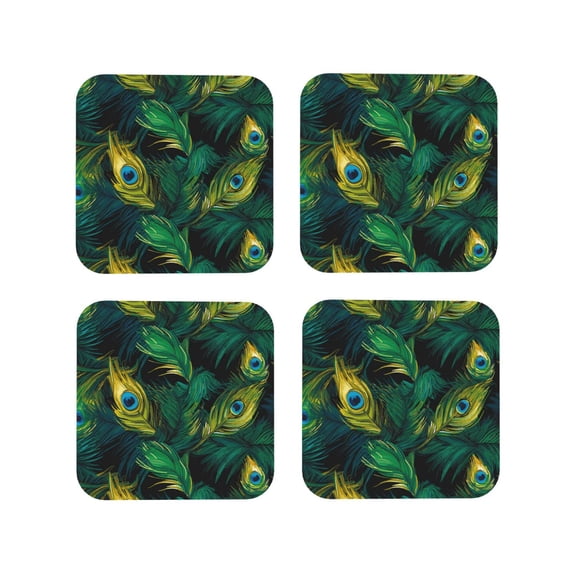 Lsque Peacock Feathers2 Pattern 4" Drink Coasters Set of 4, PVC Leather Absorbent Coasters, Table Coaster Set Decorative Coffee Cup Coasters Housewarming Gift -Square