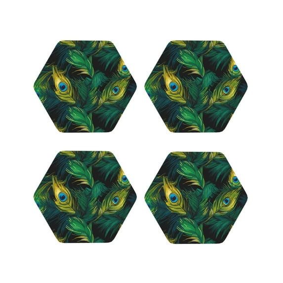 Lsque Peacock Feathers2 Pattern 4" Drink Coasters Set of 4, PVC Leather Absorbent Coasters, Table Coaster Set Decorative Coffee Cup Coasters Housewarming Gift -Hexagon