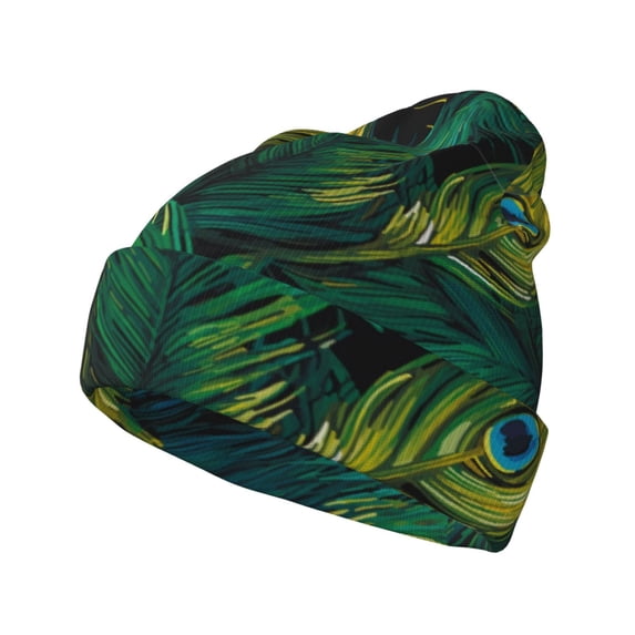 Lsque Peacock Feathers2 Pattern Knitted Beanie, Unisex Winter Hat, Knit Hat Winter Beanies Thick Fisherman Beanies Cuffed Plain Skull Caps