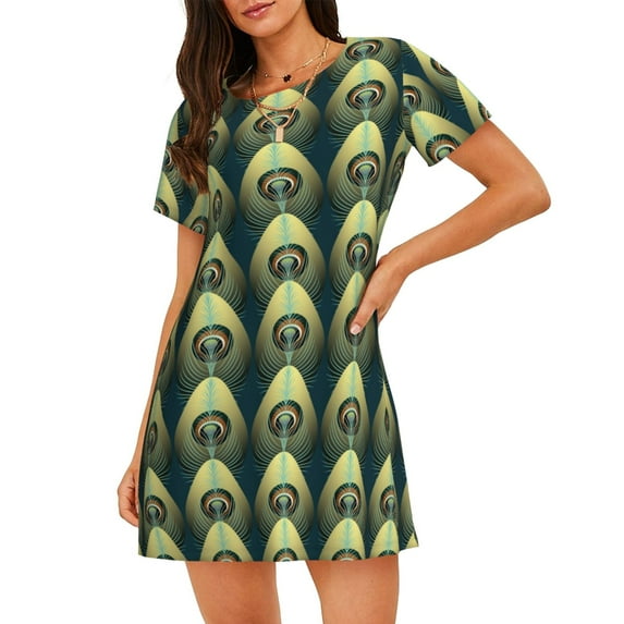 Lsque Peacock Gold Feather Pattern Nightgowns for Women Sleep Shirts Short Sleeve Nightshirt Pullover Nightdress Soft Sleepwear Relaxed Fit Nightdress