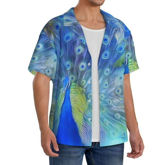 Lsque Peacock print Men's Cuban Collar Short Sleeve Shirt Summer Beachwear Casual Button Down Fashionable Vacation Leisure Shirt-4X-Large