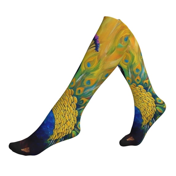 Lsque Peacocks Pattern Sport Compression Socks for Men & Women 15-20 mmHg Knee High Nurse Pregnant Running Medical and Travel Athletic