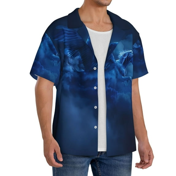 Lsque Pegasus Night Sky print Men's Cuban Collar Short Sleeve Shirt Summer Beachwear Casual Button Down Fashionable Vacation Leisure Shirt-XX-Large