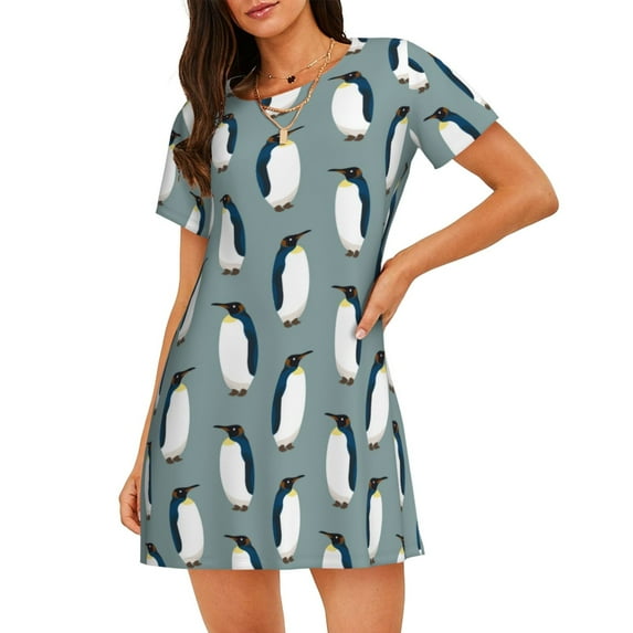 Lsque Penguin Pattern Nightgowns for Women Sleep Shirts Short Sleeve Nightshirt Pullover Nightdress Soft Sleepwear Relaxed Fit Nightdress