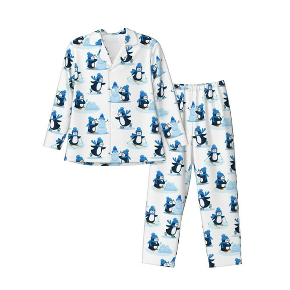 Lsque Penguin Winter Fun Pattern Long Sleeve Pajama Set for Men - Soft 2-Piece Sleepwear and Loungewear Set with Pockets, Comfy Nightwear-