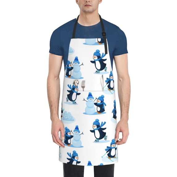 Lsque Penguin Winter Fun Waterproof Apron Chef Aprons for Men Heavy Duty Chemical Work Apron Extra Long Grilling Aprons with Adjustable Bib Apron