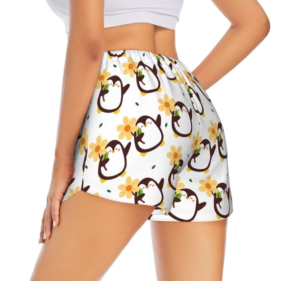 Lsque Penguin With Flowers Printed Women's Running Shorts with Liner Pockets,Elastic Quick Dry Workout Athletic Gym Yoga Shorts,Womens High Waist Shorts-Small
