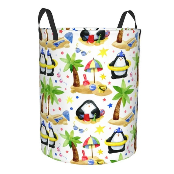 Lsque Penguins On The Beach pattern Laundry Hamper Basket, Tall Woven Rope Hamper Basket for Clothes, Lightweight Storage Basket, Collapsible Waterproof-Small