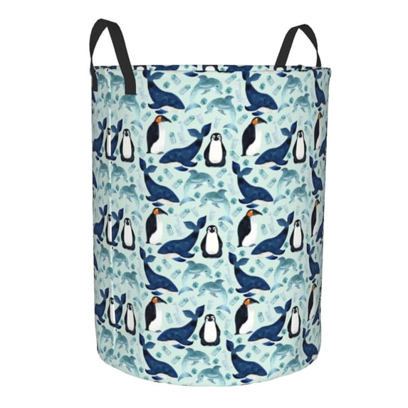 Lsque Penguins Whales pattern Laundry Hamper Basket, Tall Woven Rope Hamper Basket for Clothes, Lightweight Storage Basket, Collapsible Waterproof-Medium