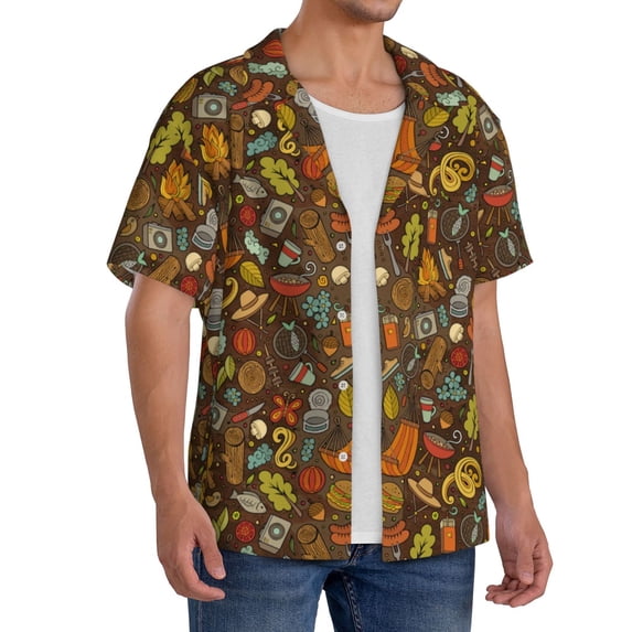 Lsque Picnic print Men's Cuban Collar Short Sleeve Shirt Summer Beachwear Casual Button Down Fashionable Vacation Leisure Shirt-XX-Large