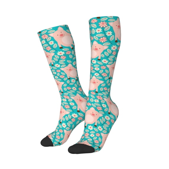 Lsque Pig And Flower Printed Crew Socks Men's Women's LightWeight Thin Casual Calf Socks ,Knee High Socks,Cotton Socks