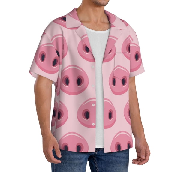 Lsque Pig Nose print Men's Cuban Collar Short Sleeve Shirt Summer Beachwear Casual Button Down Fashionable Vacation Leisure Shirt-Small
