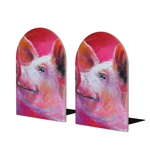 Lsque Pig Printed Wood Bookends,Non-Skid Bookend for Shelves,Heavy Duty Support Bookends,Non-Slip Foam Pads for Office, Home, and Library,1 Pair
