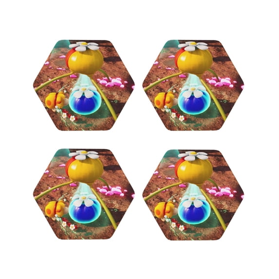 Lsque Pikmin Pattern 4" Drink Coasters Set of 4, PVC Leather Absorbent Coasters, Table Coaster Set Decorative Coffee Cup Coasters Housewarming Gift