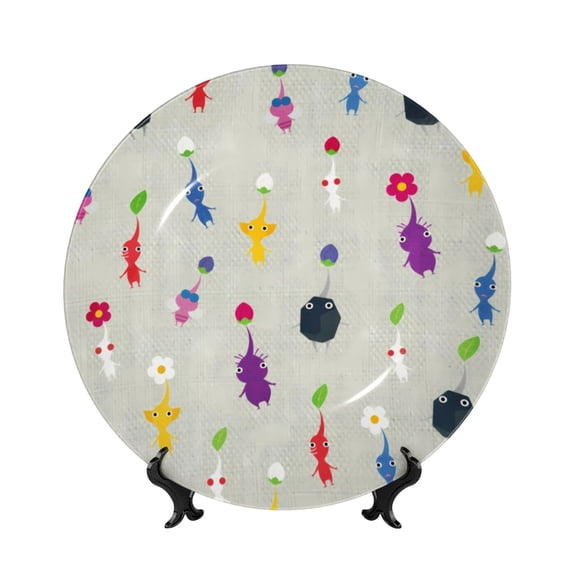 Lsque Pikmin Pattern Ceramic Decorative Plate Decorative Plates with Display Stand Personalized Porcelain Plate Ceramic Ornaments for Wall Hanging Decoration-8in