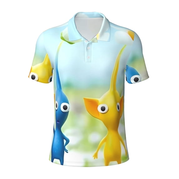 Lsque Pikmin Pattern Golf Shirts for Men Dry Fit Print Moisture Wicking Performance Short Sleeve Polo Shirt-Large