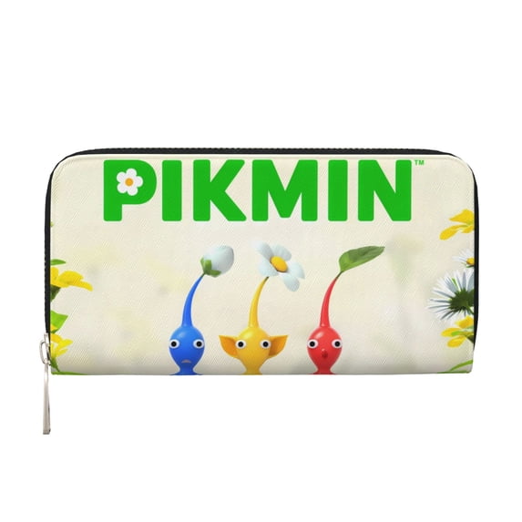Lsque Pikmin Pattern Leather Hand Wallet – Long PU Leather Wallet for Women with Zipper Closure, 8 Card Slots, Coin Pouch & Multiple Cash Compartments