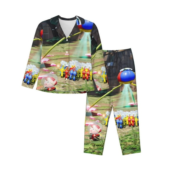 Lsque Pikmin Pattern Long Sleeve Pajama Set for Women - Soft 2-Piece Sleepwear and Loungewear Set with Pockets, Comfy Nightwear