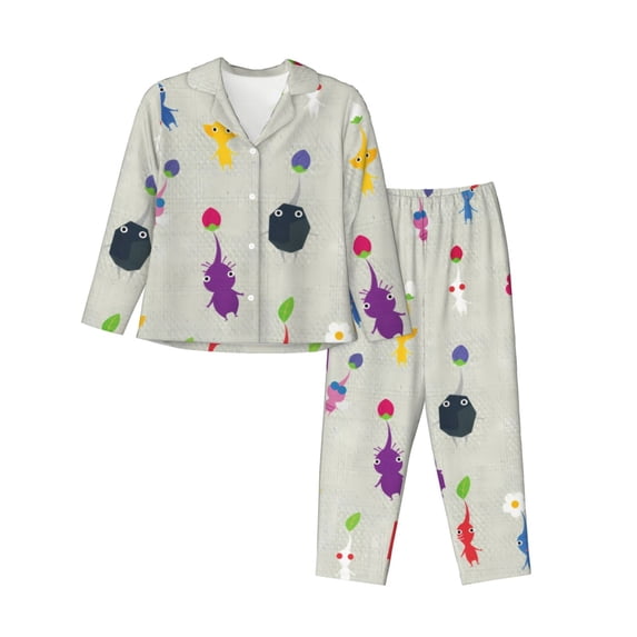 Lsque Pikmin Pattern Long Sleeve Pajama Set for Women - Soft 2-Piece Sleepwear and Loungewear Set with Pockets, Comfy Nightwear