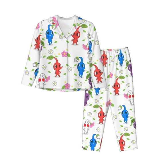 Lsque Pikmin Pattern Long Sleeve Pajama Set for Women - Soft 2-Piece Sleepwear and Loungewear Set with Pockets, Comfy Nightwear