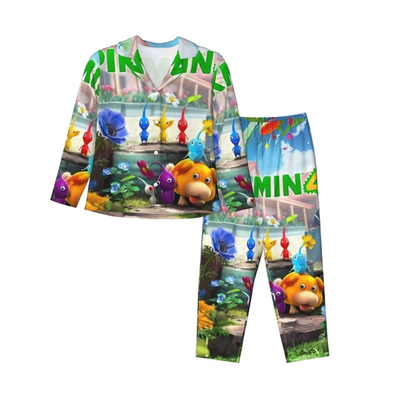 Lsque Pikmin Pattern Long Sleeve Pajama Set for Women - Soft 2-Piece Sleepwear and Loungewear Set with Pockets, Comfy Nightwear