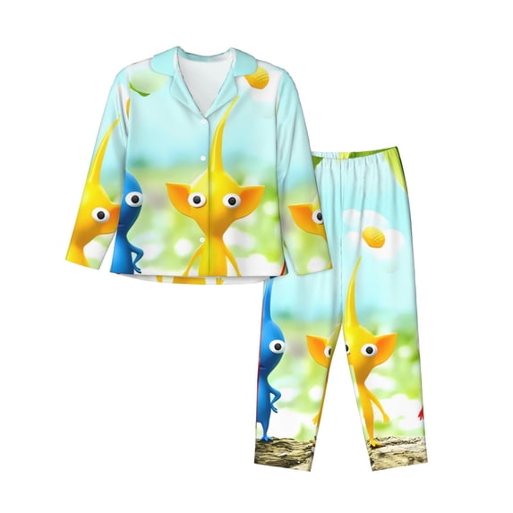 Lsque Pikmin Pattern Long Sleeve Pajama Set for Women - Soft 2-Piece Sleepwear and Loungewear Set with Pockets, Comfy Nightwear