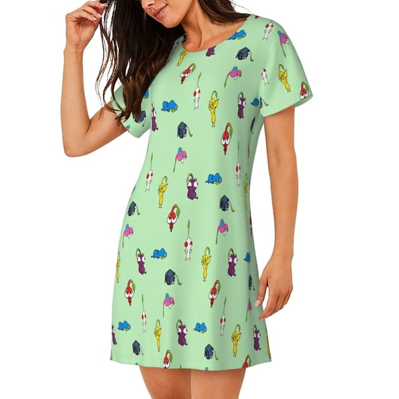 Lsque Pikmin Pattern Nightgowns for Women Sleep Shirts Short Sleeve Nightshirt Pullover Nightdress Soft Sleepwear Relaxed Fit Nightdress