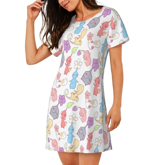Lsque Pikmin Pattern Nightgowns for Women Sleep Shirts Short Sleeve Nightshirt Pullover Nightdress Soft Sleepwear Relaxed Fit Nightdress