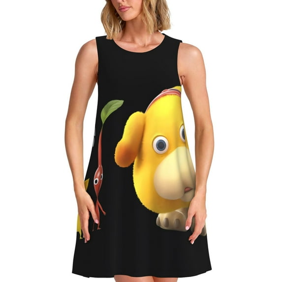 Lsque Pikmin Pattern Summer Dresses for Women – Sleeveless T-Shirt Swing Sundress, Perfect for the Beach and Casual Days