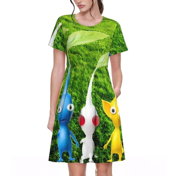 Lsque Pikmin Print Women's Casual Dress T-Shirt Summer Short Sleeve Scoop Neck Swing Dresses