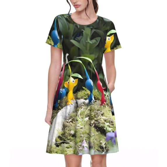 Lsque Pikmin Print Women's Casual Dress T-Shirt Summer Short Sleeve Scoop Neck Swing Dresses