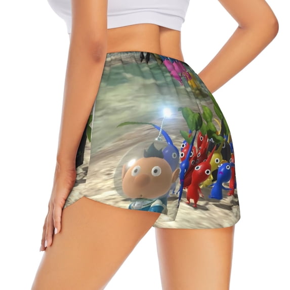 Lsque Pikmin Printed Women's Running Shorts with Liner Pockets,Elastic Quick Dry Workout Athletic Gym Yoga Shorts,Womens High Waist Shorts-Large