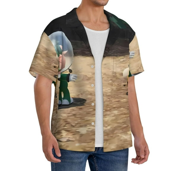 Lsque Pikmin print Men's Cuban Collar Short Sleeve Shirt Summer Beachwear Casual Button Down Fashionable Vacation Leisure Shirt-X-Large