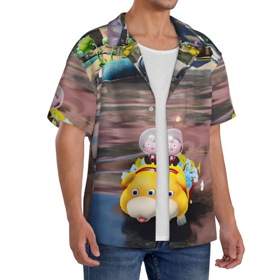 Lsque Pikmin print Men's Cuban Collar Short Sleeve Shirt Summer Beachwear Casual Button Down Fashionable Vacation Leisure Shirt-XX-Large